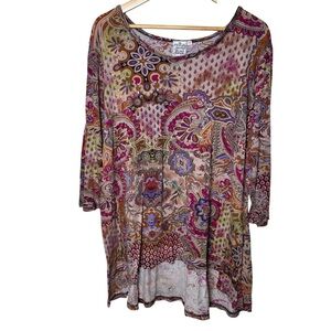 Parsley & Sage 2X Vanessa Tunic Top Pink Paisley Abstract Artsy Hi Lo Hem Boho